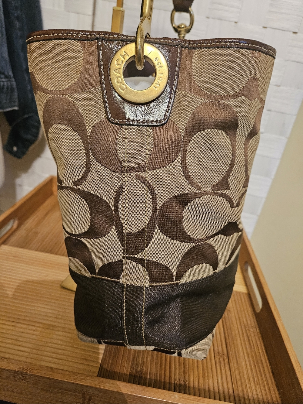 Coach Signature Jacquard Tote 10627 Brown Leather Trim Y2K Classic Signature C - Picture 4 of 11
